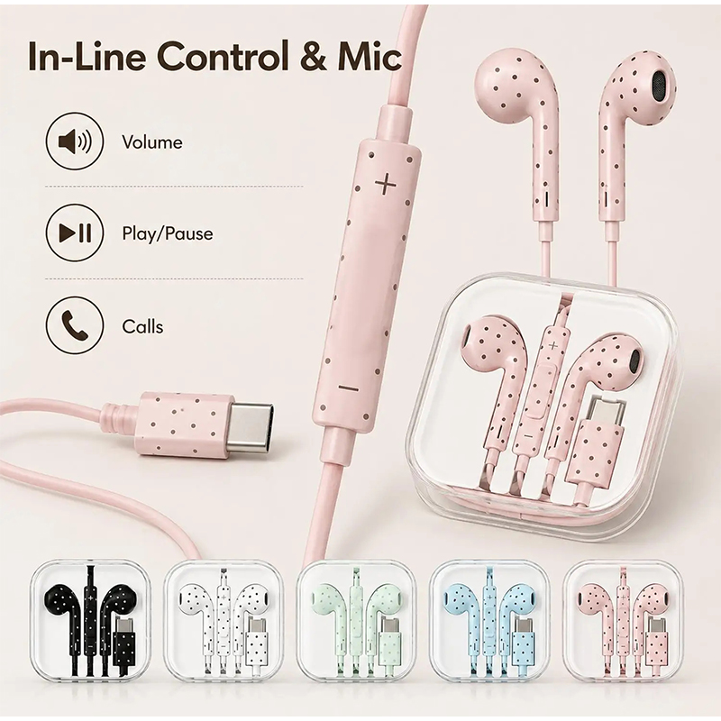 Wired Earphone Mic - Type C イヤホン ポルカドットスターパターン インイヤー有線イヤホン マイクとボリュームコントロール付き