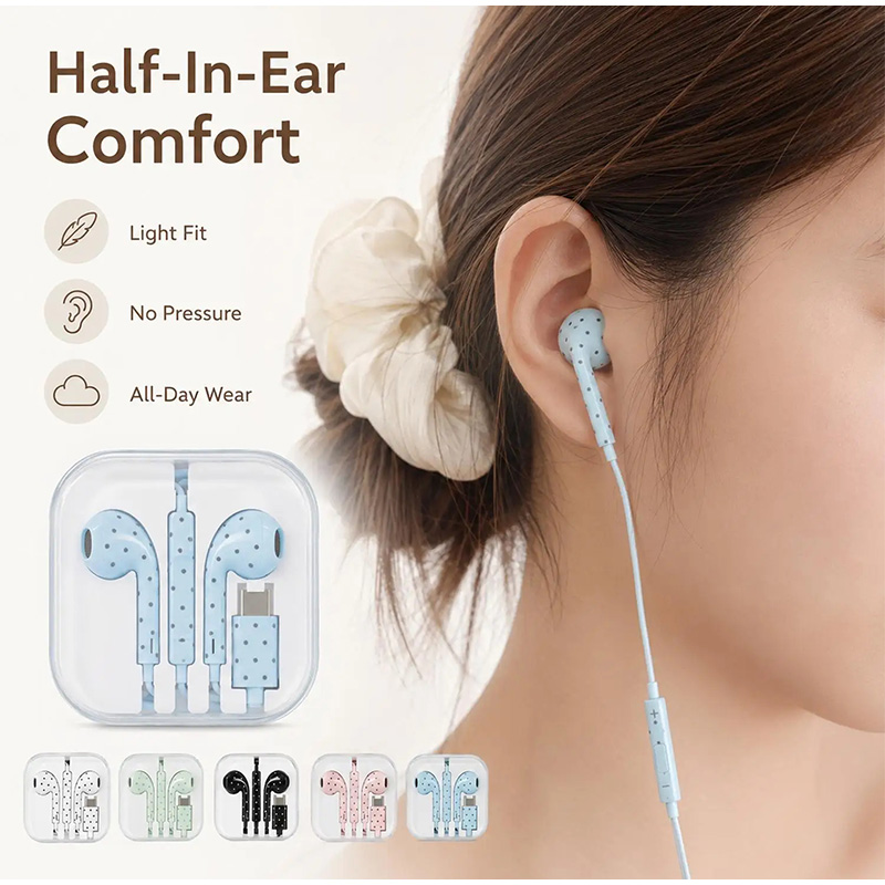 Type C イヤホン ポルカドットスターパターン インイヤ - Wired Earphone Mic のレビューと価格