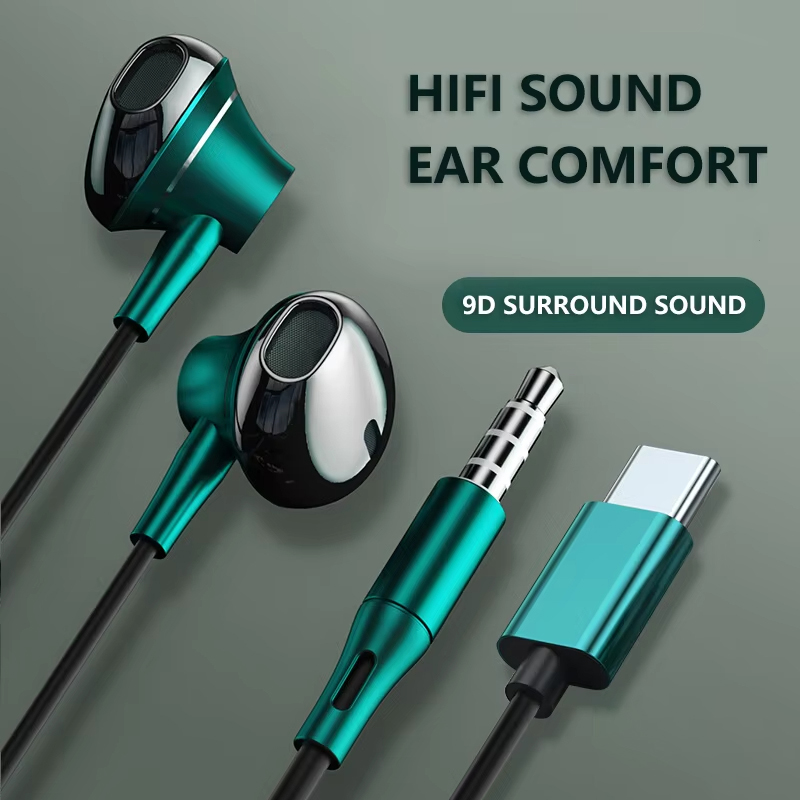 9D低音ステレオType-Cおよび3.5mmヘッドフォン、音 - Wired Earphone Mic のレビューと価格